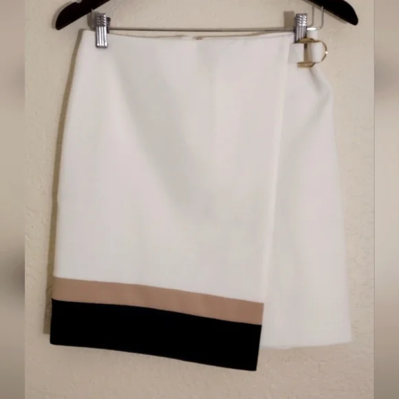 White House Black Market Ivory Tan Black Color Block Wrap Pencil Skirt - Picture 2 of 10